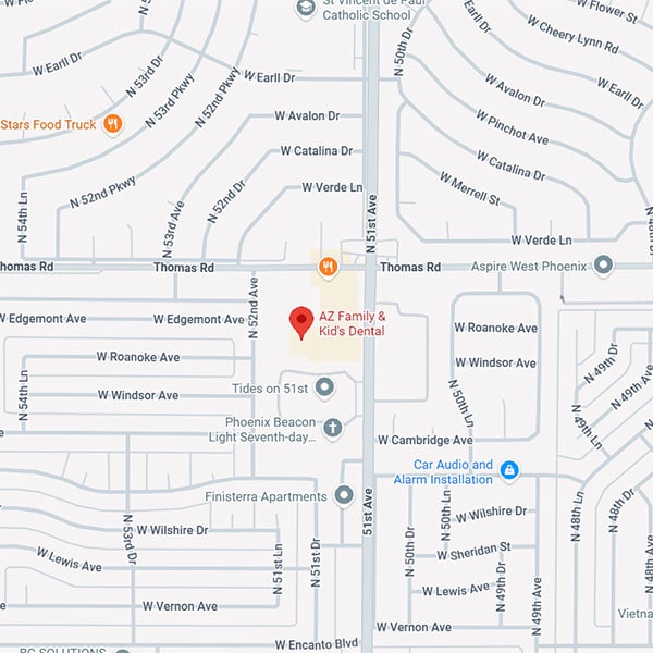 Map excerpt showing AZ Family & Kid's Dental pinned near the intersection of W Thomas Rd and N 51st Ave, with surrounding streets visible